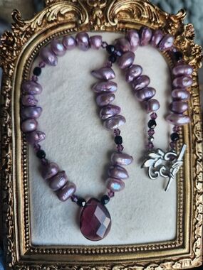Artisan Lavender Irridescent Freshwater Pearl Necklace Glass Pendant Baroque
